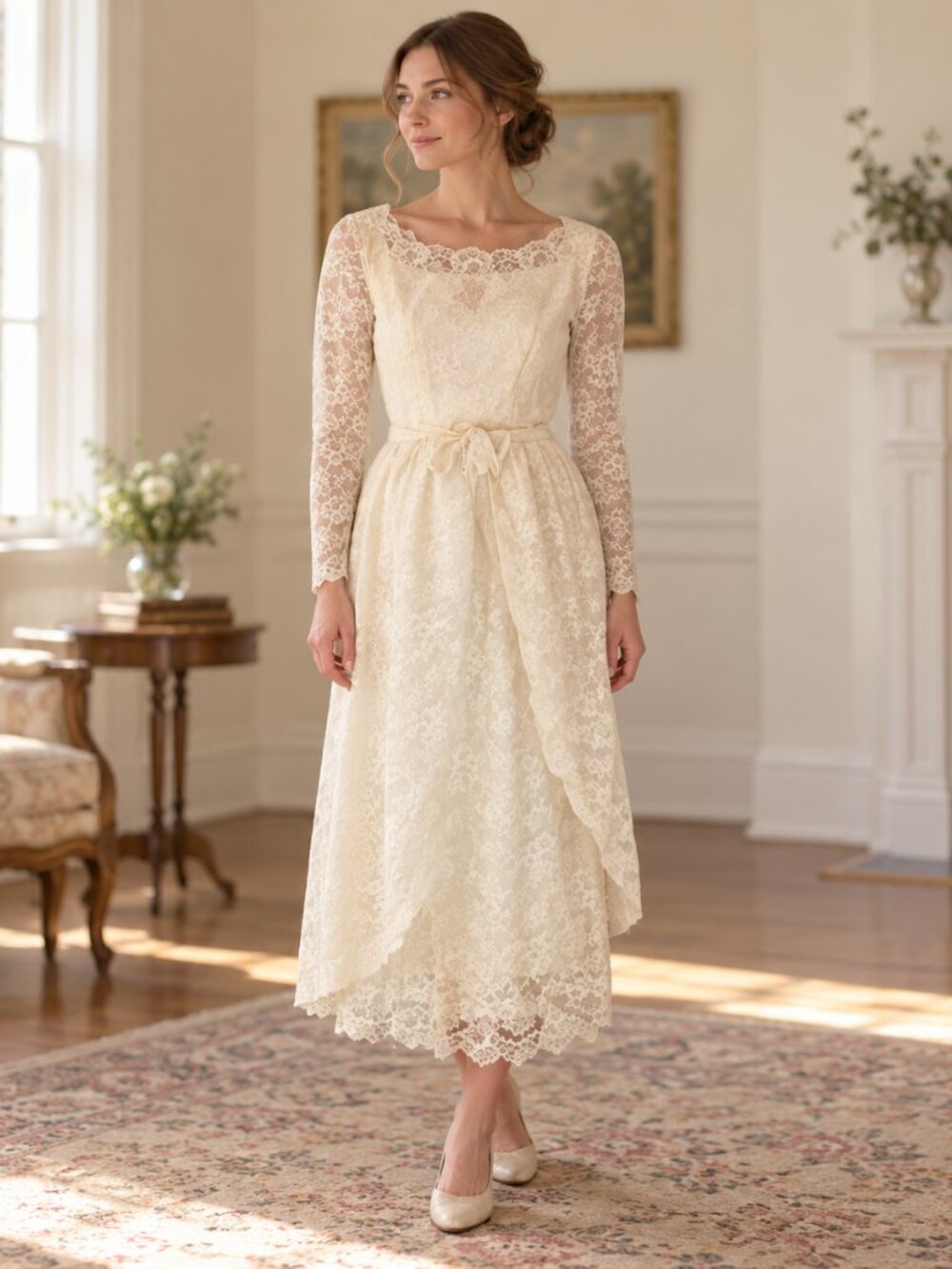 1950s Ivory Lace Wedding Dress Size 6 Overskirt Long Sleeve Bridal Cottagecore